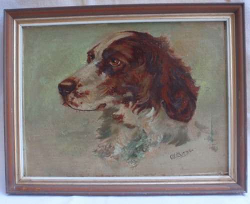 ANTIQUE: ORIGINAL OIL OF HUNTING SPANIEL - GORGEOUS CHARACTER PIECE!  SOME DAMAGE - LOW PRICE!!!