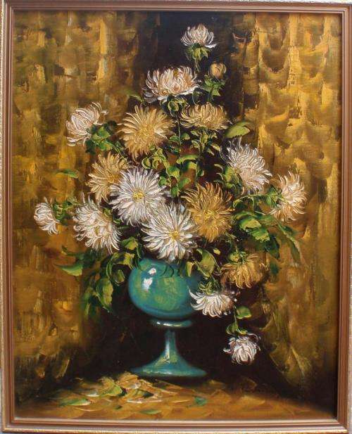 VINTAGE: FABULOUS RETRO PAINTING, CIRCA 1960's GLORIOUS CRYSANTHEMUMS - REAL STATEMENT PIECE!!!