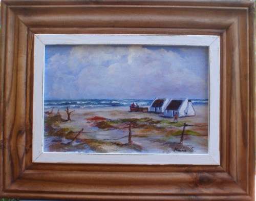 VINTAGE: CAPE BEACH HOUSES - FISHING SCENE - FABULOUS ORIGINAL PAINTING - WELL FRAMED, READY TO HANG
