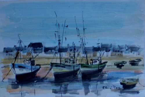 VINTAGE:  3 ORIGINAL WATERCOLOUR YACHT PAINTINGS by WELL KNOWN FRENCH ARTIST R.SCUILLER