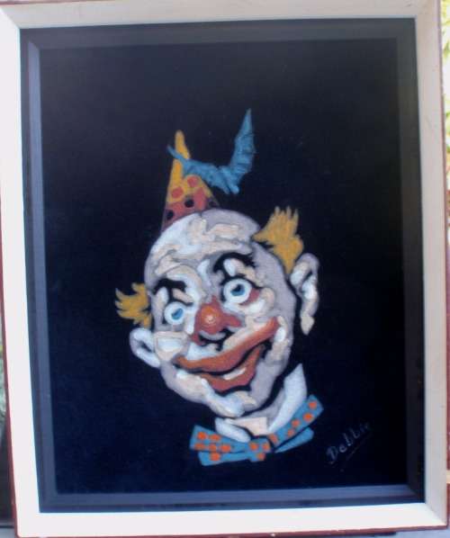 VINTAGE CIRCA 1960`s ORIGINAL PAINTING OF CLOWN ON BLACK VELVET - CIRCUS MEMORIES