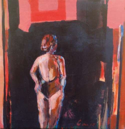 INTERESTING ORIGINAL OIL ON CANVAS 'WOMAN IN BATHING COSTUME" SIGNED.