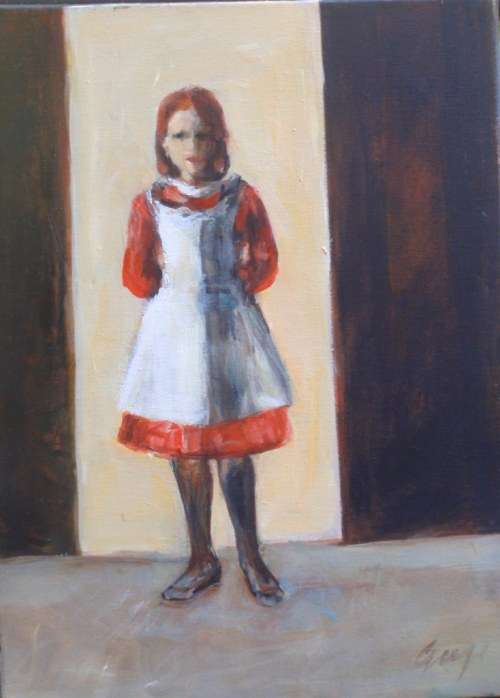 INTERESTING ORIGINAL OIL PAINTING, GIRL IN WHITE PINNY. OIL ON CANVAS, SIGNED