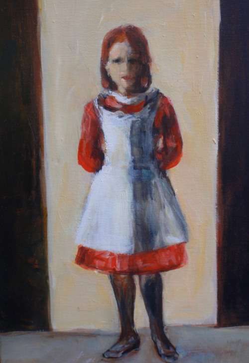 INTERESTING ORIGINAL OIL PAINTING, GIRL IN WHITE PINNY. OIL ON CANVAS, SIGNED