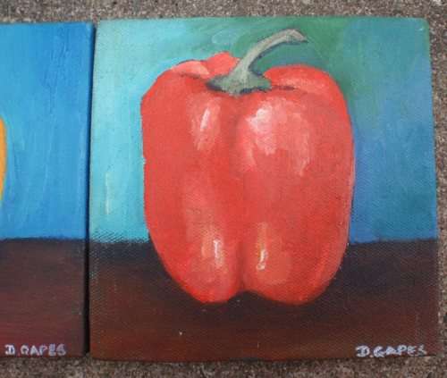 A SET OF THREE ORIGINAL OILS ON CANVAS `COLOURED PEPPERS` - ON STRETCHER FRAMES READY TO HANG!