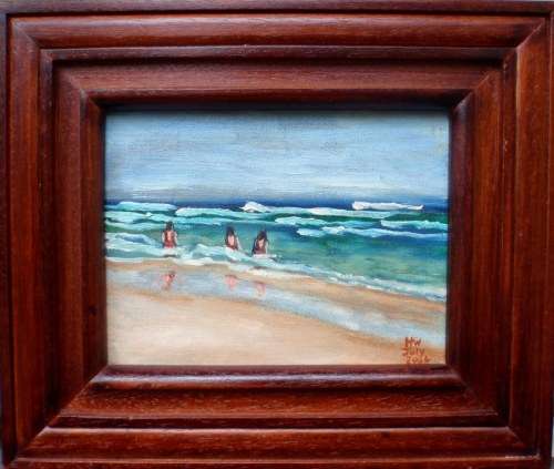 CHARMING ORIGINAL OIL PAINTING `BATHERS` LOVELY IMPRESSIONIST WORK, WELL FRAMED