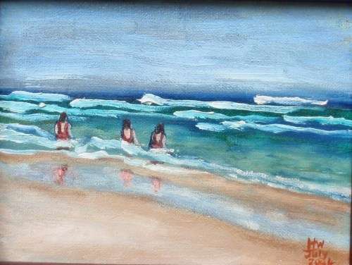 CHARMING ORIGINAL OIL PAINTING `BATHERS` LOVELY IMPRESSIONIST WORK, WELL FRAMED