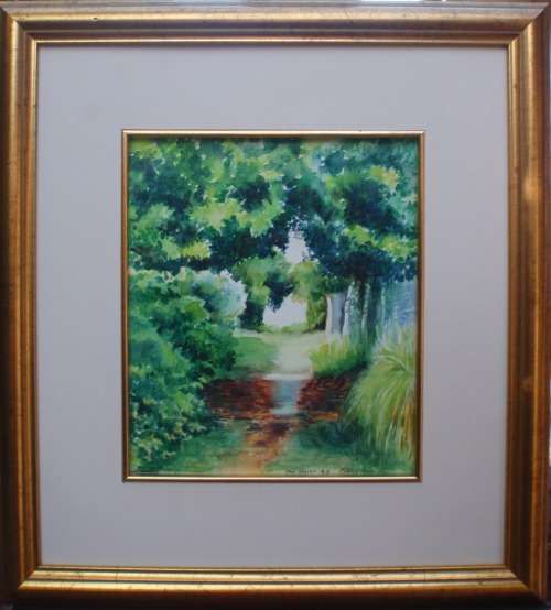 JEWEL-LIKE ORIGINAL WATERCOLOUR by EVELYN ANA `THE SECRET PATH` BEAUTIFULLY FRAMED - GOOD PRICE