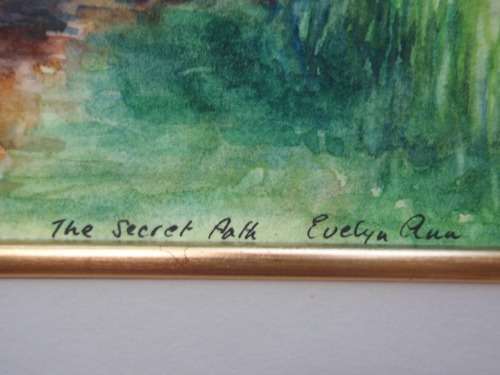 JEWEL-LIKE ORIGINAL WATERCOLOUR by EVELYN ANA `THE SECRET PATH` BEAUTIFULLY FRAMED - GOOD PRICE