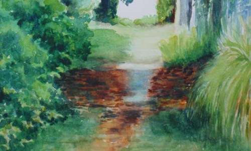 JEWEL-LIKE ORIGINAL WATERCOLOUR by EVELYN ANA `THE SECRET PATH` BEAUTIFULLY FRAMED - GOOD PRICE