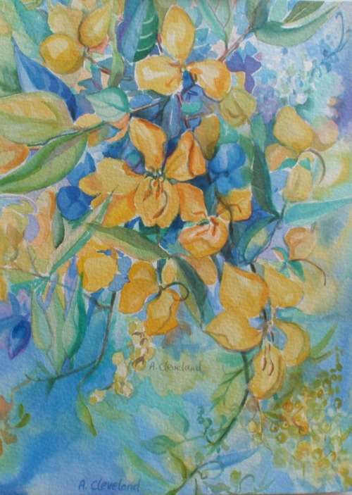 FABULOUS ORIGINAL ACLEVELAND ORIGINAL WATERCOLOUR PAINTING `SUNNY YELLOW WITH SKY BLUE`