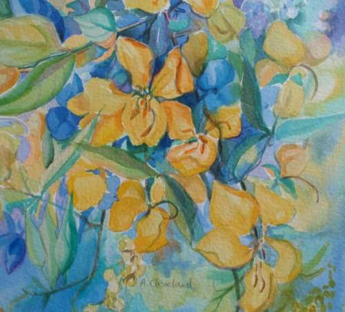 FABULOUS ORIGINAL ACLEVELAND ORIGINAL WATERCOLOUR PAINTING `SUNNY YELLOW WITH SKY BLUE`