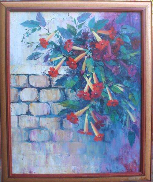 VINTAGE: ORIGINAL PEARL POLS OIL PAINTING. VIBRANT GARDEN SCENE. THICK PALETTE KNIFE FINISH