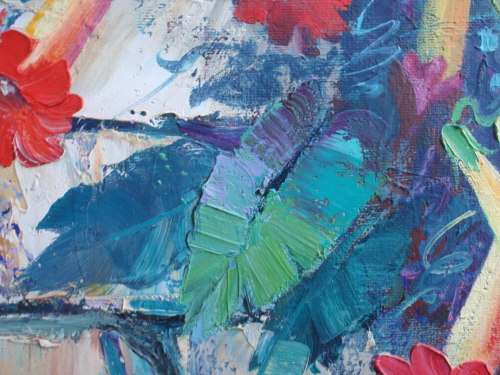 VINTAGE: ORIGINAL PEARL POLS OIL PAINTING. VIBRANT GARDEN SCENE. THICK PALETTE KNIFE FINISH