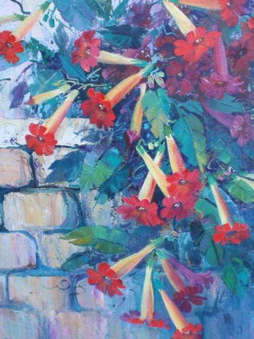 VINTAGE: ORIGINAL PEARL POLS OIL PAINTING. VIBRANT GARDEN SCENE. THICK PALETTE KNIFE FINISH