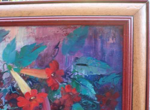 VINTAGE: ORIGINAL PEARL POLS OIL PAINTING. VIBRANT GARDEN SCENE. THICK PALETTE KNIFE FINISH