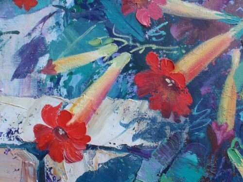 VINTAGE: ORIGINAL PEARL POLS OIL PAINTING. VIBRANT GARDEN SCENE. THICK PALETTE KNIFE FINISH