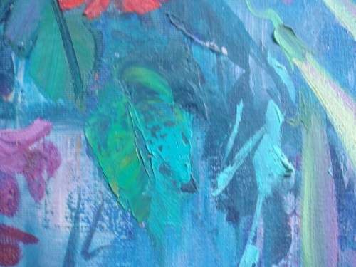 VINTAGE: ORIGINAL PEARL POLS OIL PAINTING. VIBRANT GARDEN SCENE. THICK PALETTE KNIFE FINISH