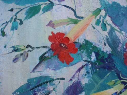 VINTAGE: ORIGINAL PEARL POLS OIL PAINTING. VIBRANT GARDEN SCENE. THICK PALETTE KNIFE FINISH