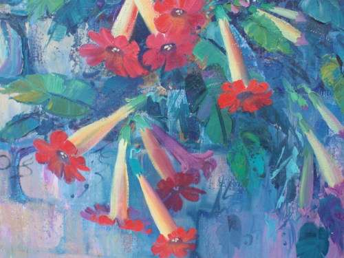 VINTAGE: ORIGINAL PEARL POLS OIL PAINTING. VIBRANT GARDEN SCENE. THICK PALETTE KNIFE FINISH