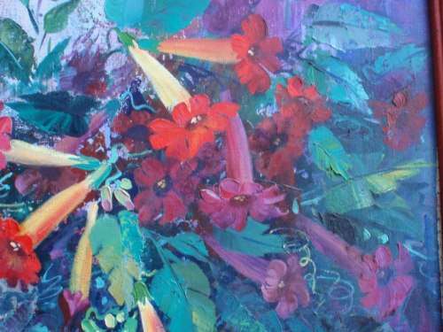 VINTAGE: ORIGINAL PEARL POLS OIL PAINTING. VIBRANT GARDEN SCENE. THICK PALETTE KNIFE FINISH