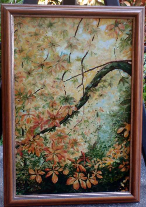 ORIGINAL OIL PAINTING by E.L.DELL - BEAUTIFULL FLOWERING TREE - WELL FRAMED, READY TO HANG.