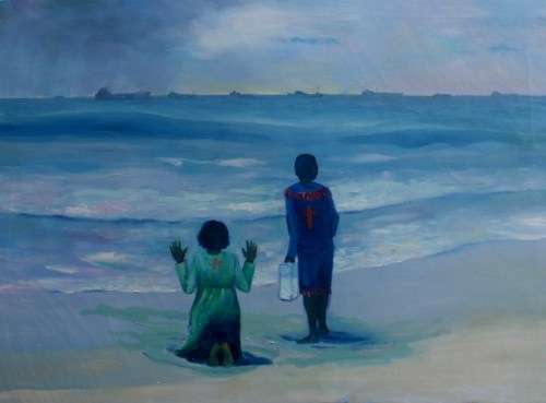 ORIGINAL PAINTING - NAIVE PORTRAYAL OF SOUTH AFRICAN RELIGIOUS SCENE ON DURBAN BEACH