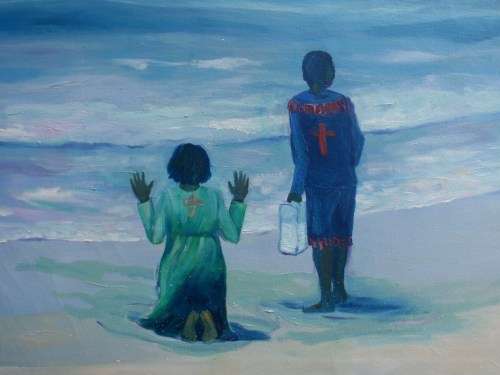 ORIGINAL PAINTING - NAIVE PORTRAYAL OF SOUTH AFRICAN RELIGIOUS SCENE ON DURBAN BEACH