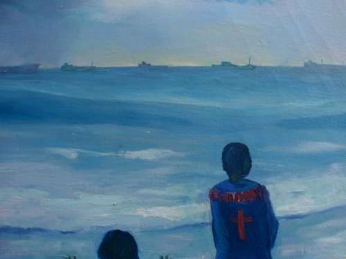 ORIGINAL PAINTING - NAIVE PORTRAYAL OF SOUTH AFRICAN RELIGIOUS SCENE ON DURBAN BEACH