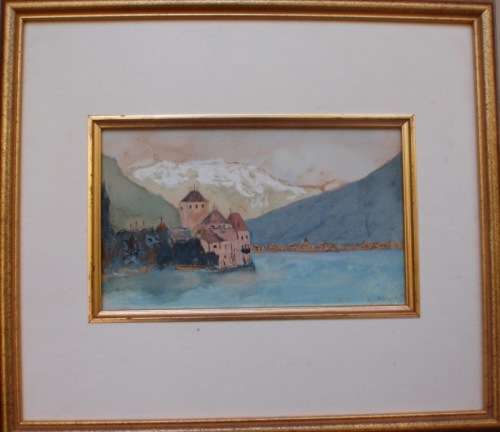 VINTAGE ORIGINAL GOUACHE PAINTING OF LAKESIDE SCENE, SNOWY MOUNTAINS,  AUSTRIA CHARACTER PIECE
