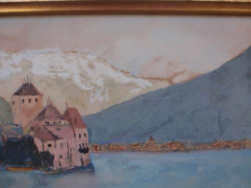 VINTAGE ORIGINAL GOUACHE PAINTING OF LAKESIDE SCENE, SNOWY MOUNTAINS,  AUSTRIA CHARACTER PIECE