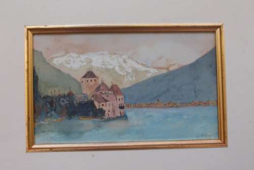 VINTAGE ORIGINAL GOUACHE PAINTING OF LAKESIDE SCENE, SNOWY MOUNTAINS,  AUSTRIA CHARACTER PIECE