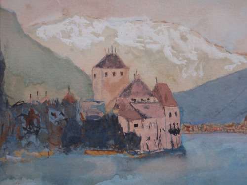 VINTAGE ORIGINAL GOUACHE PAINTING OF LAKESIDE SCENE, SNOWY MOUNTAINS,  AUSTRIA CHARACTER PIECE