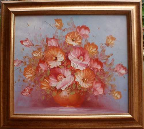 BEAUTIFUL CORAL and PINK ROSES - PALETTE KNIFE, IN ANTIQUED GOLD FRAME.