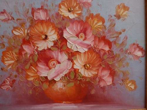 BEAUTIFUL CORAL and PINK ROSES - PALETTE KNIFE, IN ANTIQUED GOLD FRAME.