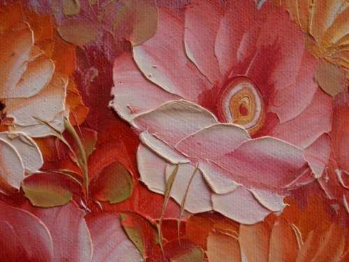 BEAUTIFUL CORAL and PINK ROSES - PALETTE KNIFE, IN ANTIQUED GOLD FRAME.