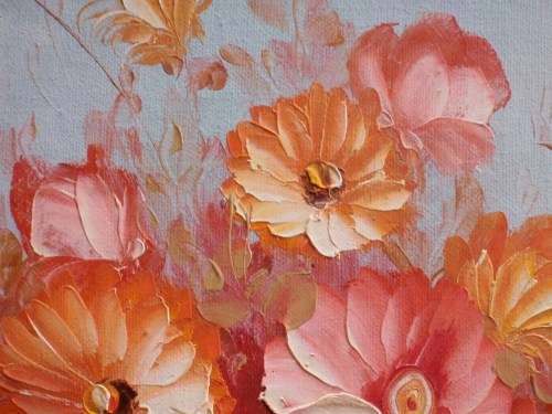 BEAUTIFUL CORAL and PINK ROSES - PALETTE KNIFE, IN ANTIQUED GOLD FRAME.