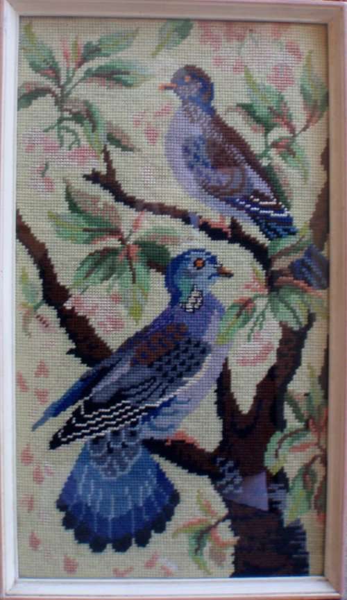 BEAUTIFUL  `TURTLE DOVES`  TAPESTRY IN FRAME BEHIND GLASS - REALLY LOVELY