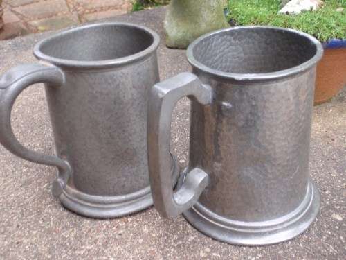 VINTAGE - CIRCA 1949 TWO BATTERED OLD PEWTER TANKARDS - COLLECTIBLE, LOADS OF CHARACTER