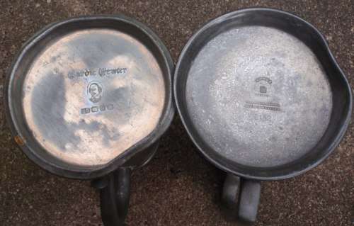 VINTAGE - CIRCA 1949 TWO BATTERED OLD PEWTER TANKARDS - COLLECTIBLE, LOADS OF CHARACTER