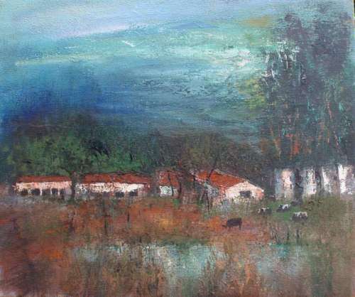 ABSTRACT ORIGINAL OIL PAINTING `AFRICAN FARM` STUDY OF LANDSCAPE WITH FARM ANIMALS