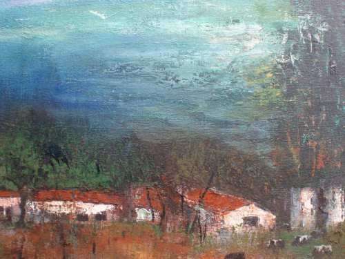 ABSTRACT ORIGINAL OIL PAINTING `AFRICAN FARM` STUDY OF LANDSCAPE WITH FARM ANIMALS