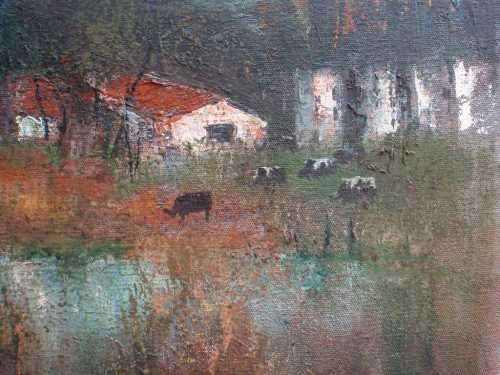 ABSTRACT ORIGINAL OIL PAINTING `AFRICAN FARM` STUDY OF LANDSCAPE WITH FARM ANIMALS