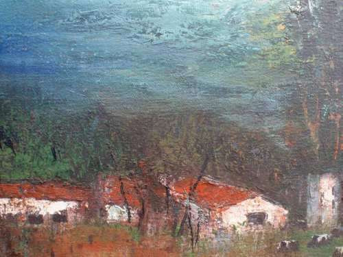 ABSTRACT ORIGINAL OIL PAINTING `AFRICAN FARM` STUDY OF LANDSCAPE WITH FARM ANIMALS