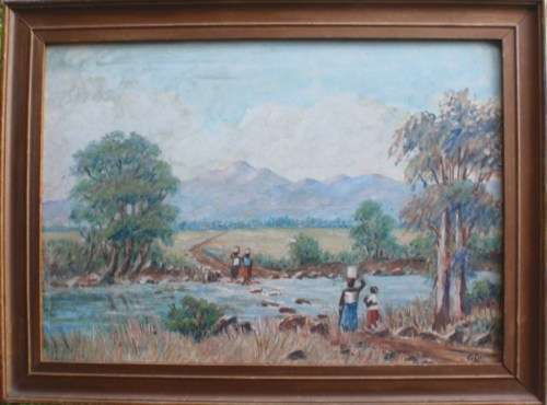 VINTAGE - SOUTH AFRICAN LANDSCAPE, RIVER SCENE WITH WATER CARRIERS - G.DELLOW