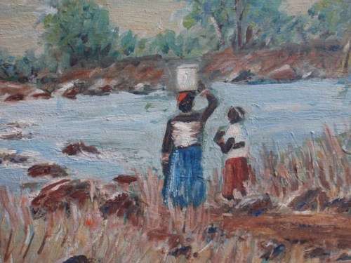 VINTAGE - SOUTH AFRICAN LANDSCAPE, RIVER SCENE WITH WATER CARRIERS - G.DELLOW