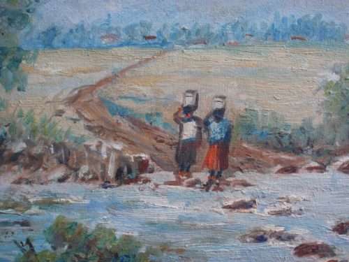 VINTAGE - SOUTH AFRICAN LANDSCAPE, RIVER SCENE WITH WATER CARRIERS - G.DELLOW