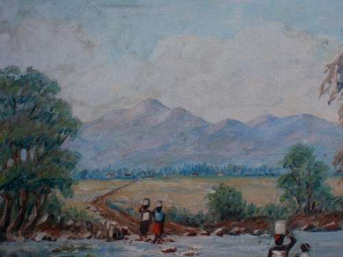 VINTAGE - SOUTH AFRICAN LANDSCAPE, RIVER SCENE WITH WATER CARRIERS - G.DELLOW