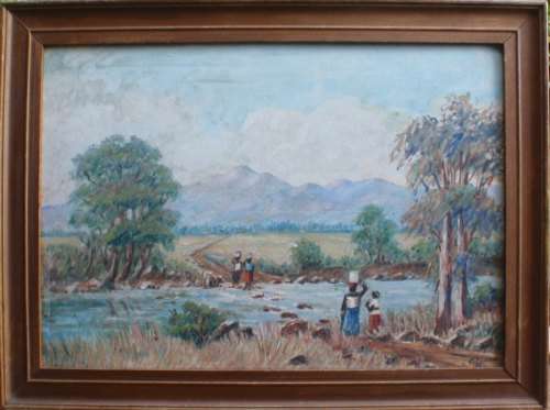 VINTAGE - SOUTH AFRICAN LANDSCAPE, RIVER SCENE WITH WATER CARRIERS - G.DELLOW