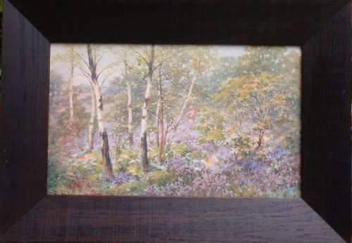 VINTAGE: BEAUTIFUL ETHERIAL PRINT OF PAINTING BY S.SHELTON, BLUEBELLS. IN EBONIZED VINTAGE FRAME.